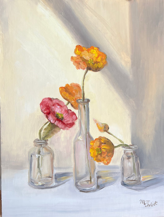 Orange and Pink Poppies in Glass Vases