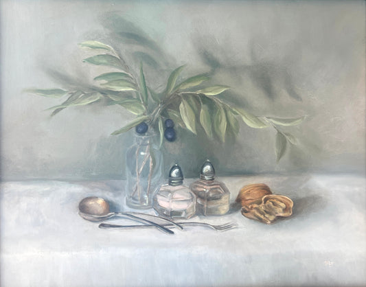 Table Setting with Salt, Pepper and Walnut