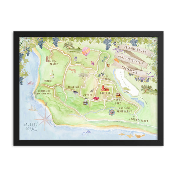 Santa Ynez Valley Watercolor Map - Framed Print